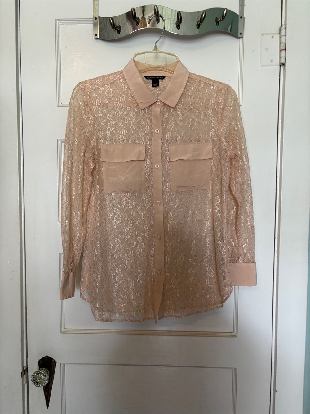Victoria’s Secret Sheer Lace Button-Up Blouse in Blush Size M